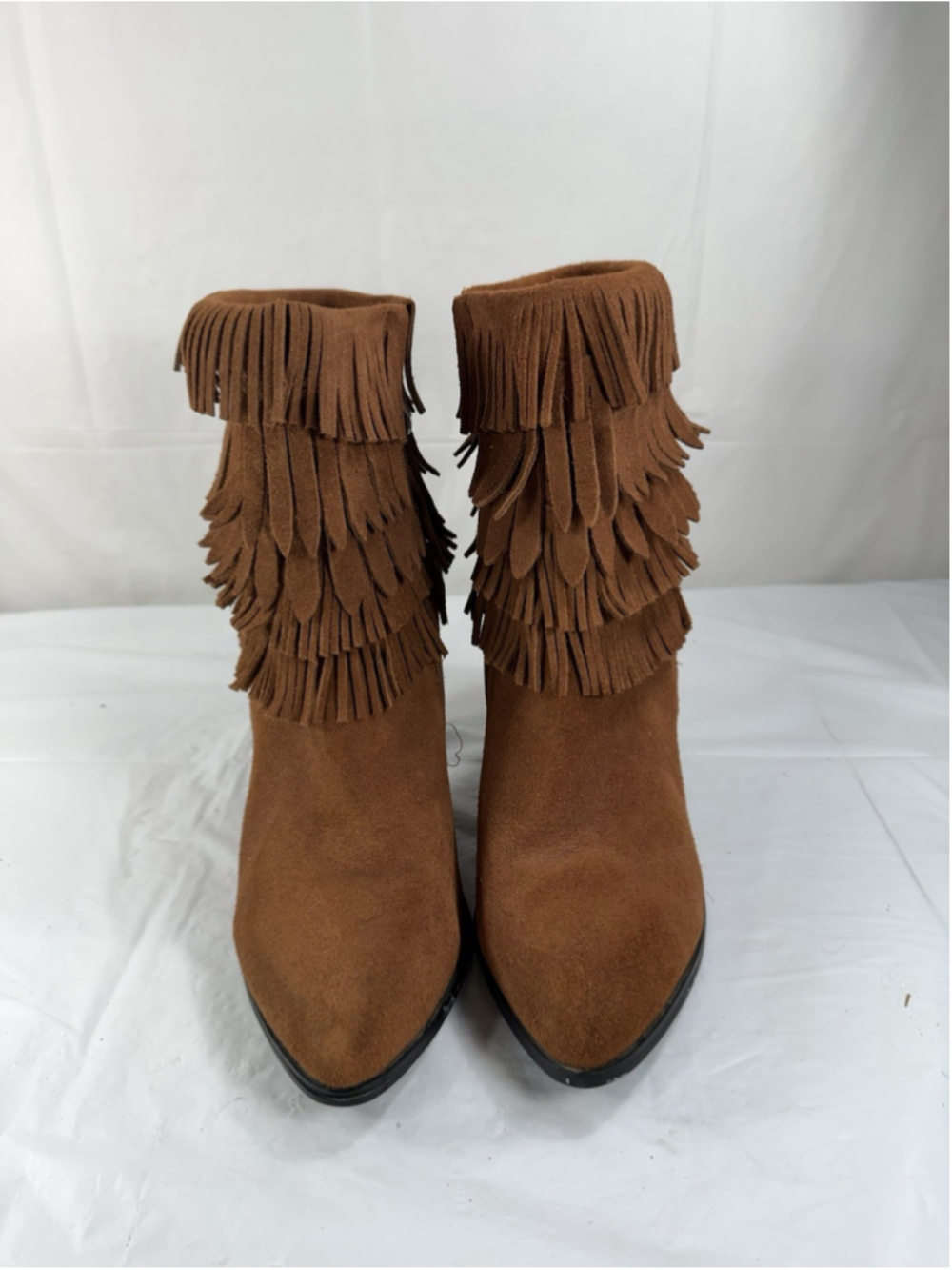 Catherine Malandrino Cowboy Suede Fringe Ankle Boots size 10 brown tan